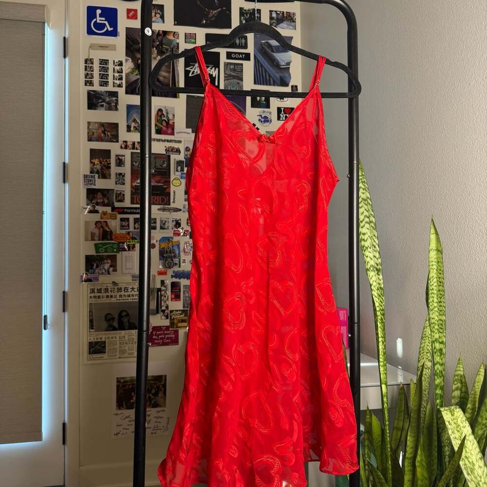 Vintage Red Heart Pattern Semi-Sheer Slip Dress Nightie